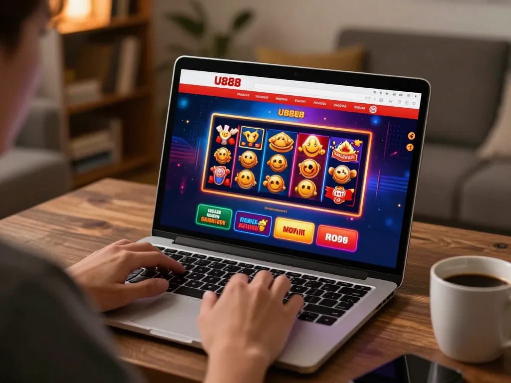U888 players enjoying an exciting online casino gaming experience on a laptop in a cozy home setting.