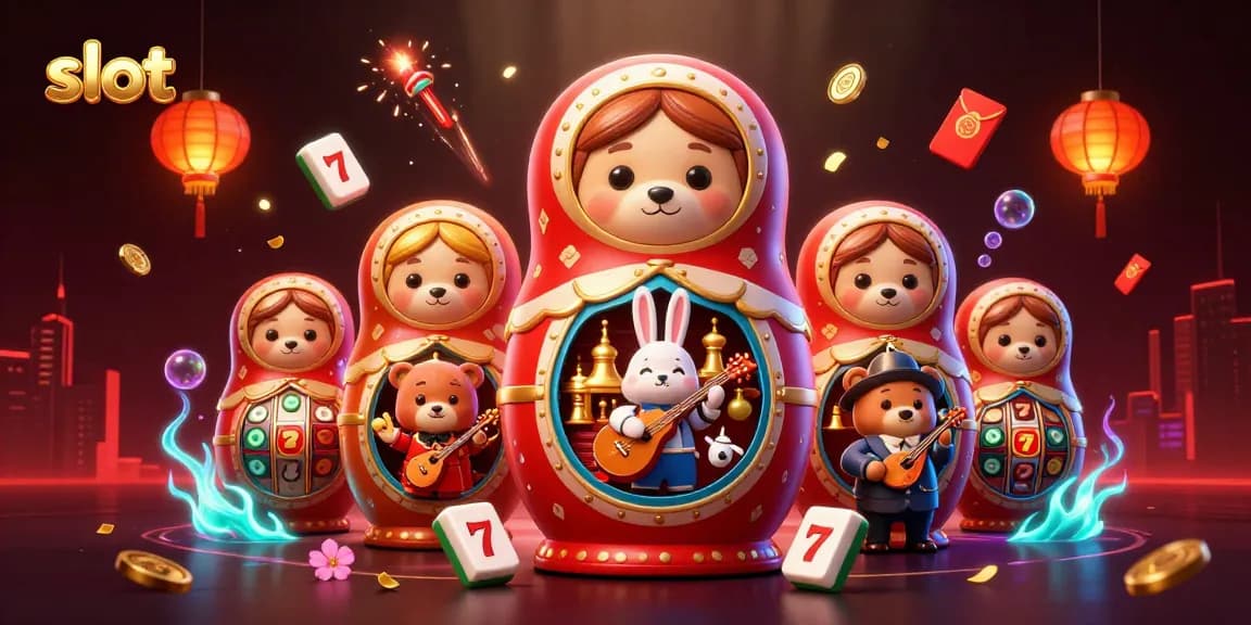 Spin the slot reels with the Matryoshka bear characters in an animated casino scene.