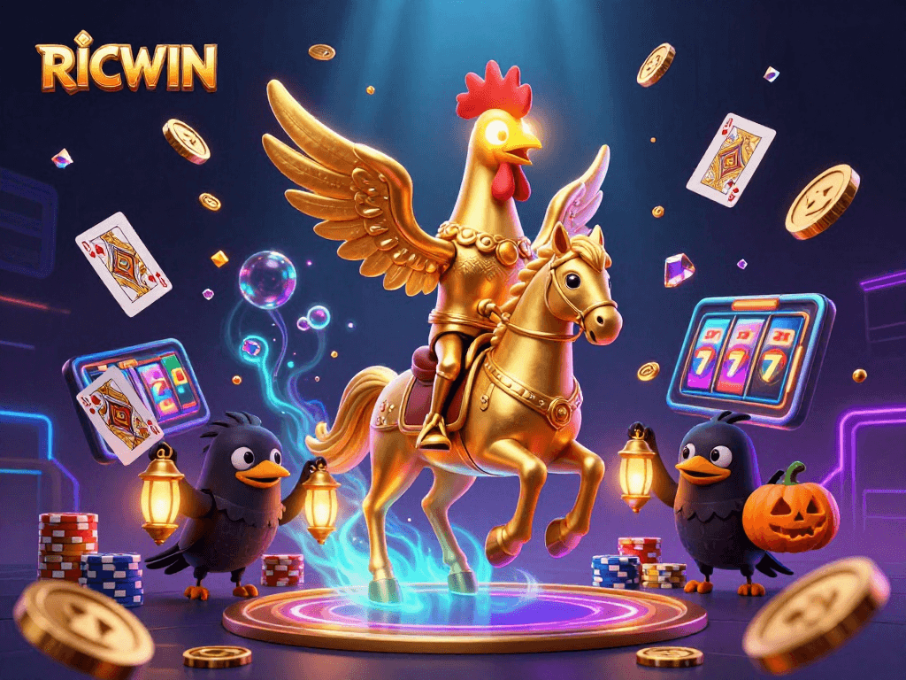Experience RICWIN's vibrant casino adventure with golden rooster companions amid cascading coins.