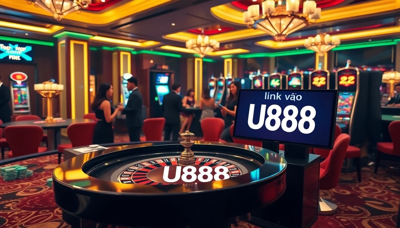 Experience the excitement of 'link vào U888' with a vibrant casino scene featuring roulette and slot machines.