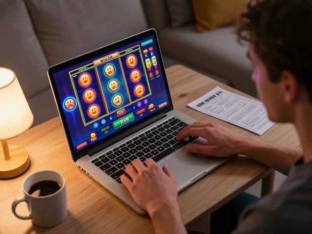 Engaged player on https://fabet11.sa.com/ enjoying colorful online slots gameplay in cozy home.