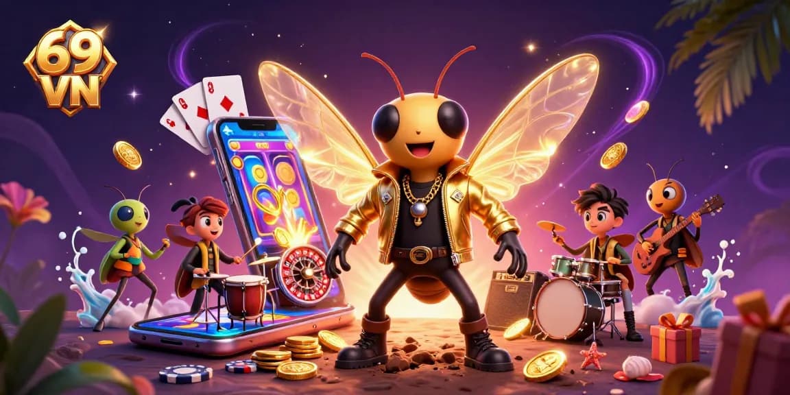 Experience the thrill of 69 VN with an electrifying 3D illustration showcasing vibrant gambling elements.