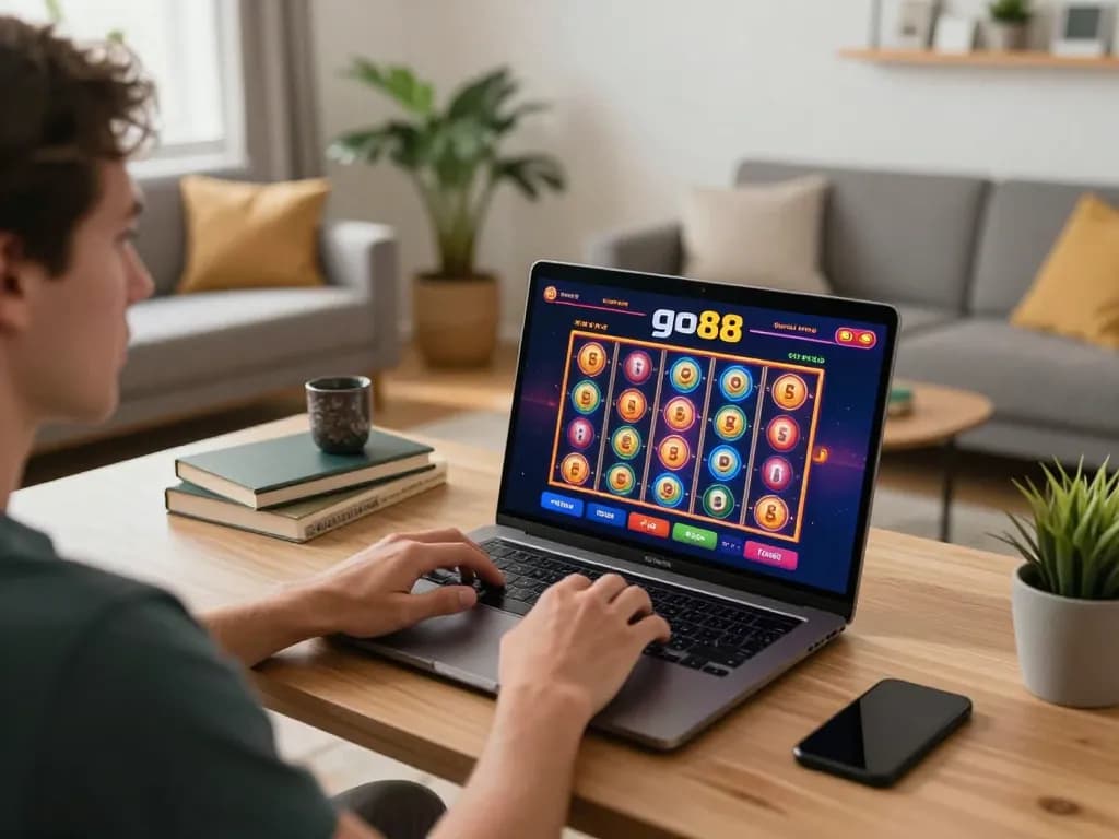 Engaged player enjoying go88 online casino gaming experience at home, vibrant screen displaying exciting slots.