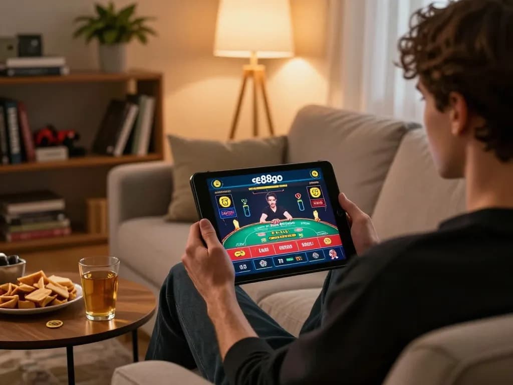 Play online casino games at ee88go from a cozy home setup with tablet displayed.