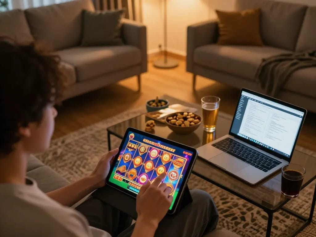 Engaging gameplay on a tablet featuring 92slot graphics in a cozy home setting