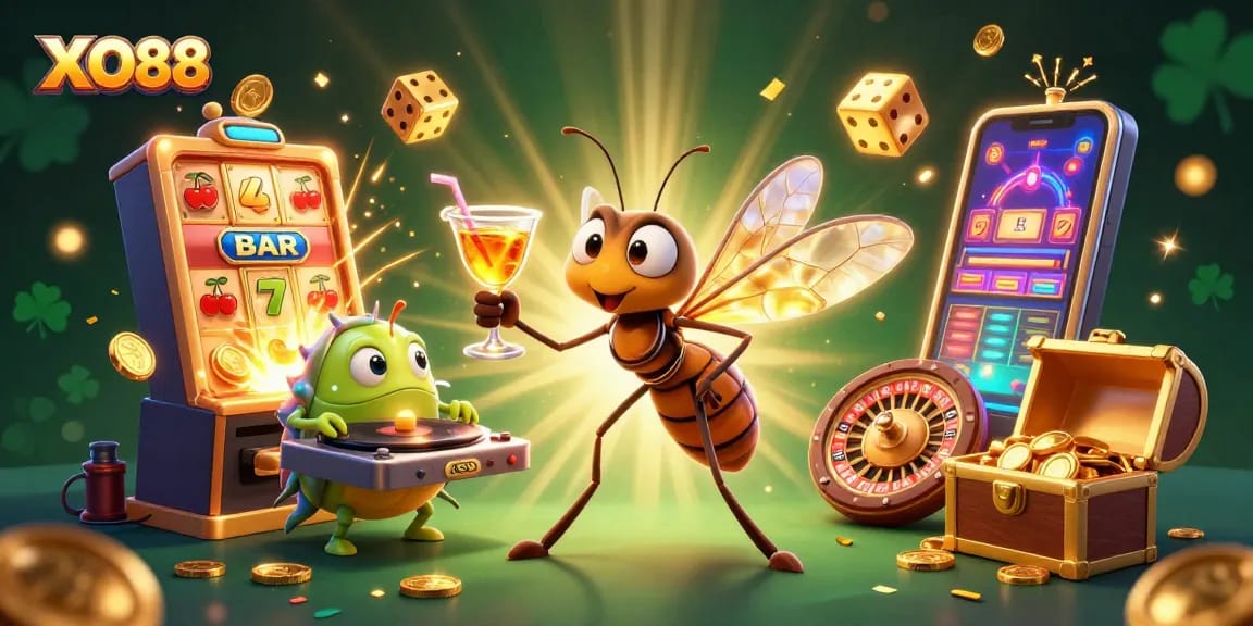 Experience the thrilling excitement of XO88 with vibrant casino elements and dynamic characters bringing luck!