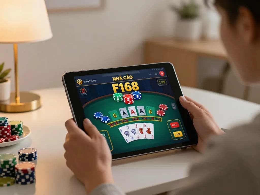 Engaged user exploring NHÀ CÁI F168 online casino on tablet, showcasing responsible gambling.