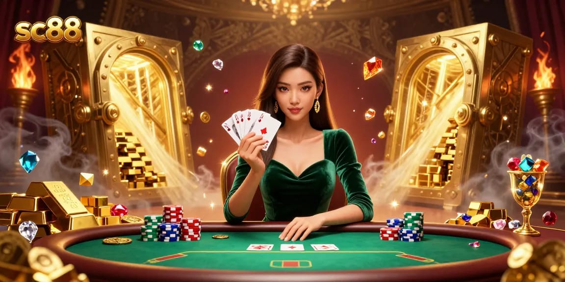 Play poker at sc88’s luxury casino with a beautiful Asian woman and golden treasures.