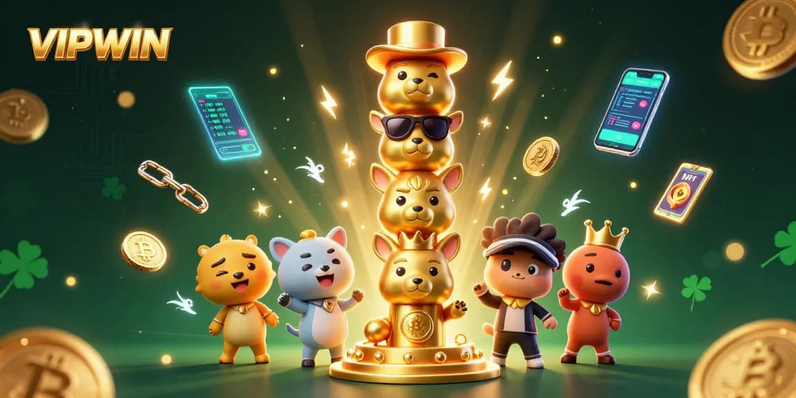Engage with VIPWIN's vibrant gaming world, featuring a golden totem pole surrounded by crypto elements.