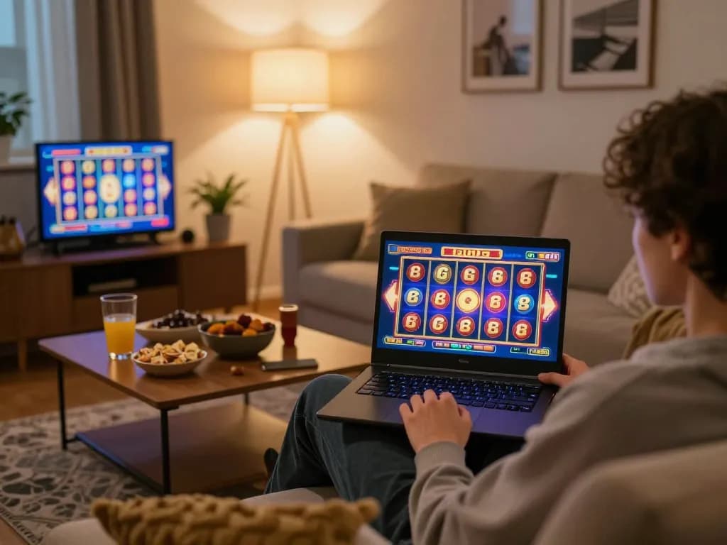 Engaging go8 online slots gaming session from a cozy home, showing laptop screen and relaxed atmosphere.