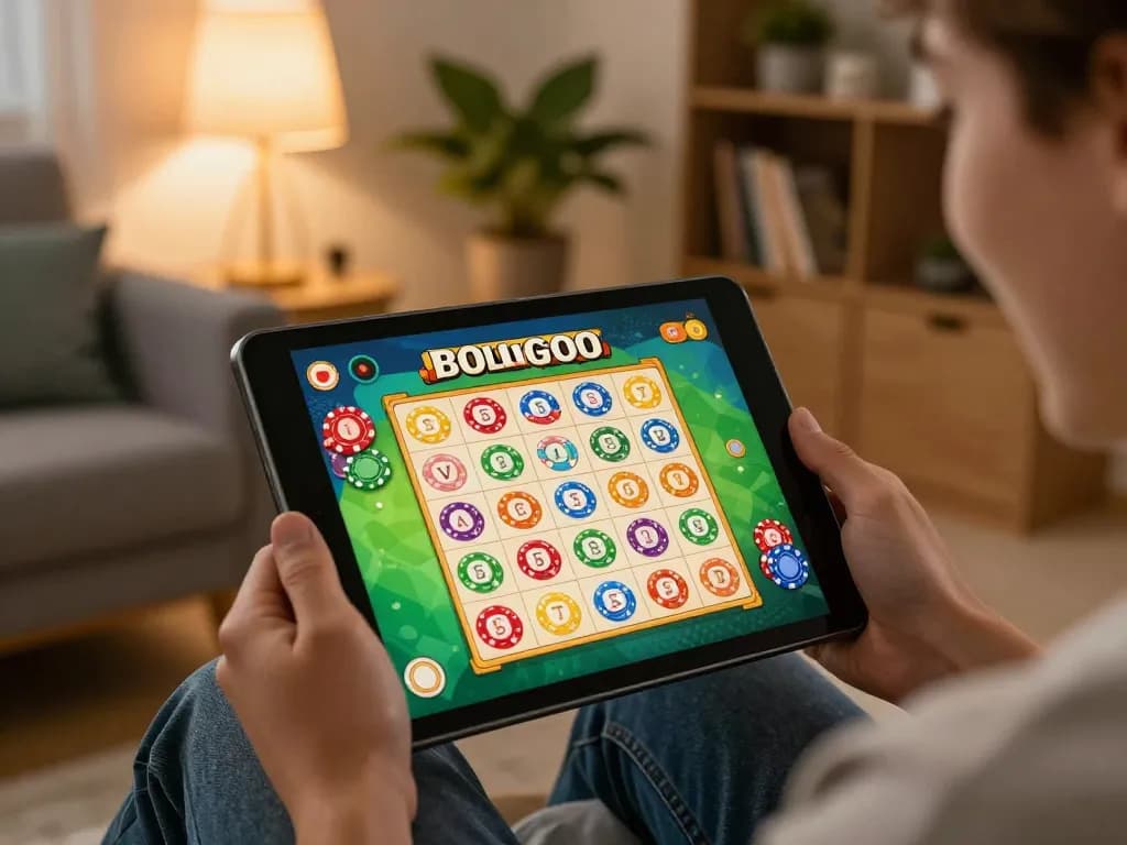Engaging player enjoying sunwin online bingo game on tablet in a cozy home setting.