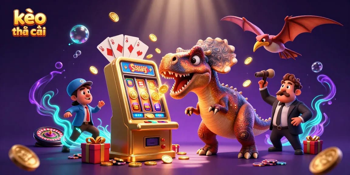 Engaging kèo nhà cái scene with dinosaur themed casino action featuring slot machine and flying coins