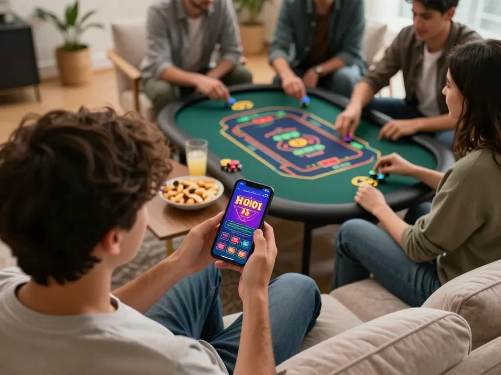 Engaged group enjoying Nhà cái BJ88 online gaming experience on smartphone with snacks.