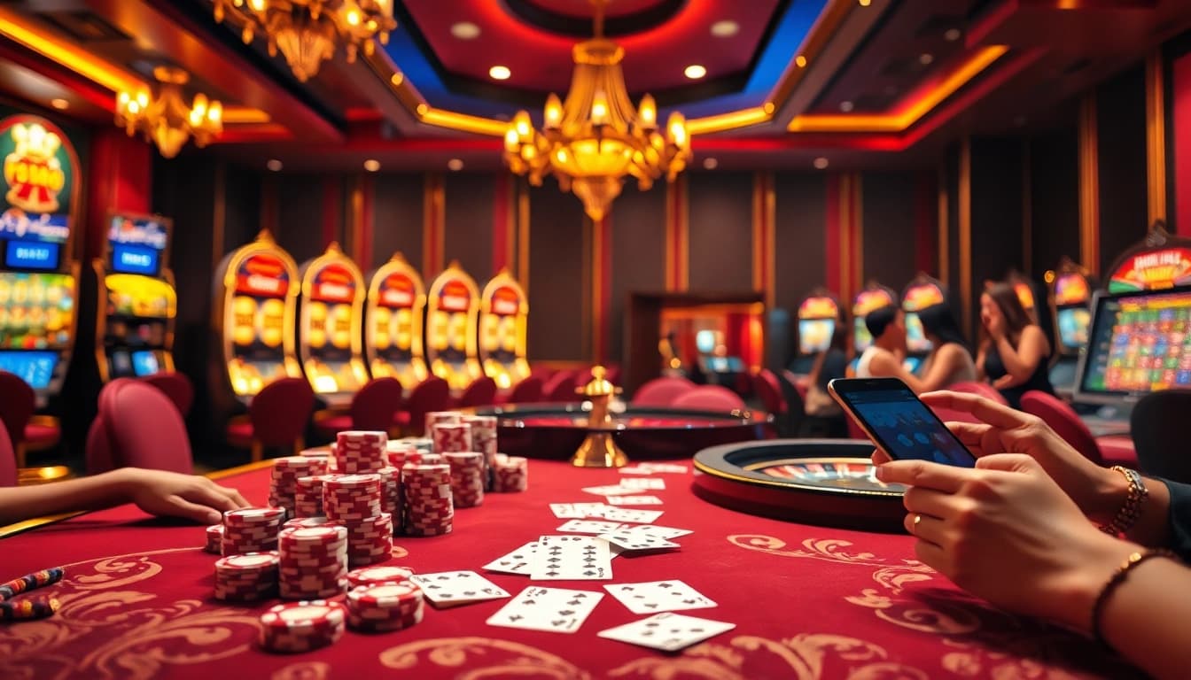 TT88 casino scene with poker chips, roulette wheel, and slot machines, capturing luxury and excitement.