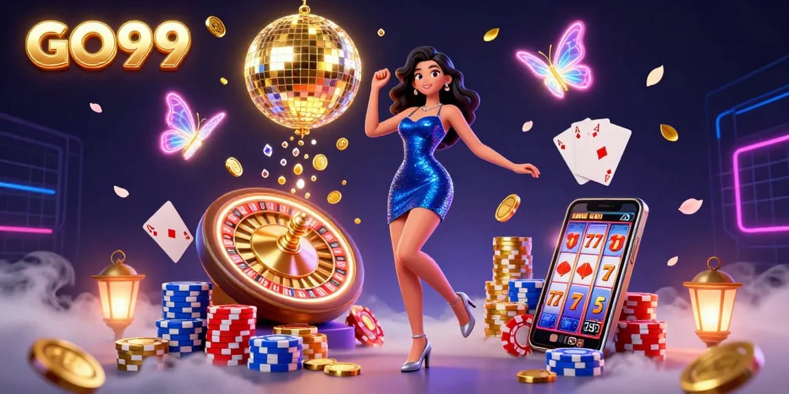 Explore GO99's vibrant 3D illustration showcasing thrilling gambling elements like golden coins and roulette.