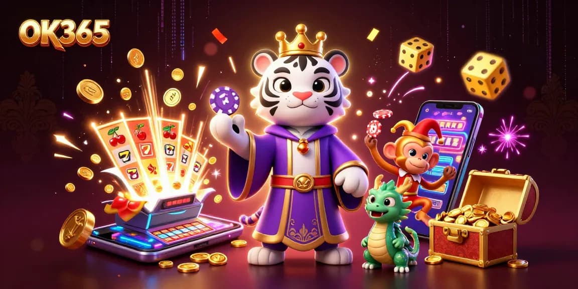 Engage in thrilling gaming experiences at OK365 with a vibrant scene of characters and jackpots.