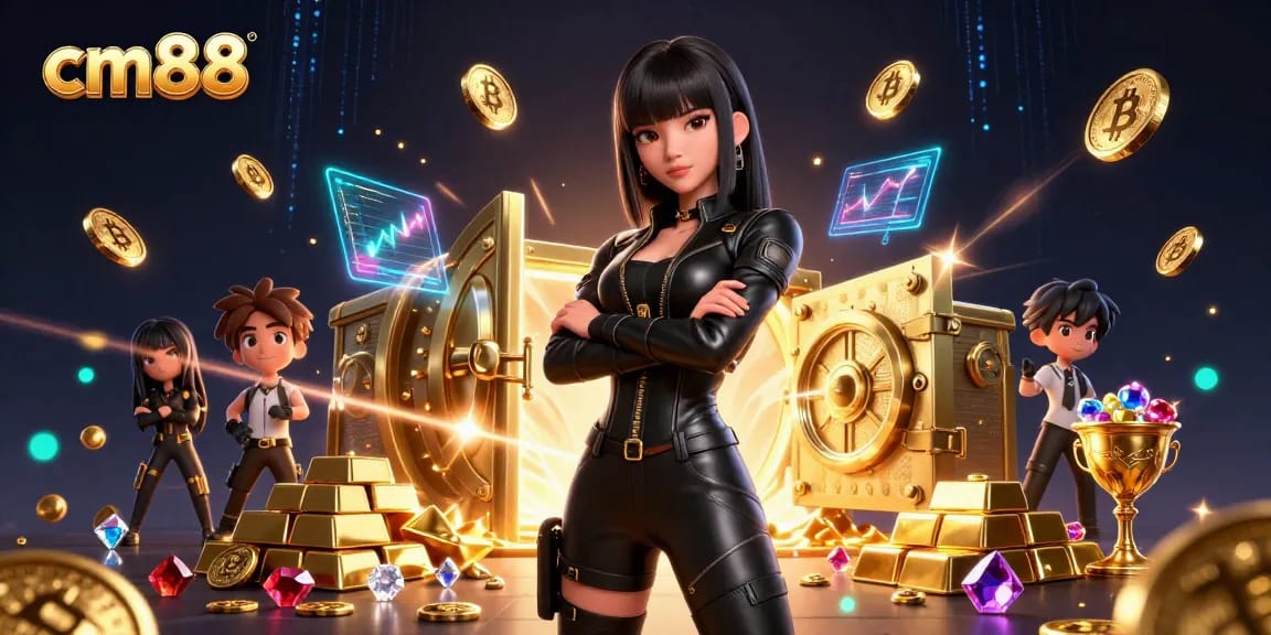 Engage in thrilling casino gameplay with cm88 showcasing interactive characters amidst treasures.
