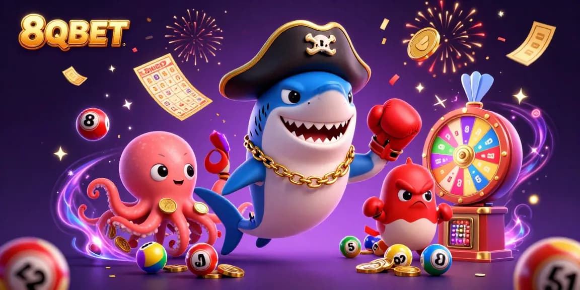 Experience the vibrant excitement of 8QBET with a 3D pirate shark, pufferfish, and octopus in a colorful casino scene.