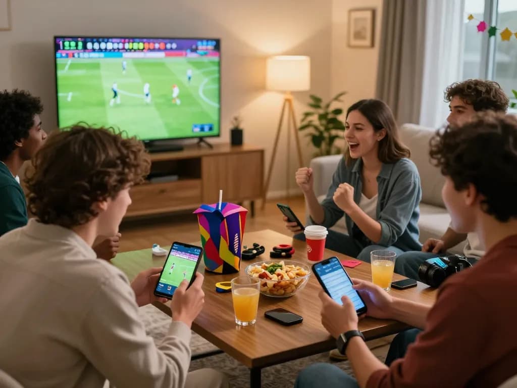 Friends enjoying the excitement of QE8 INK online betting at home during a live sports event.
