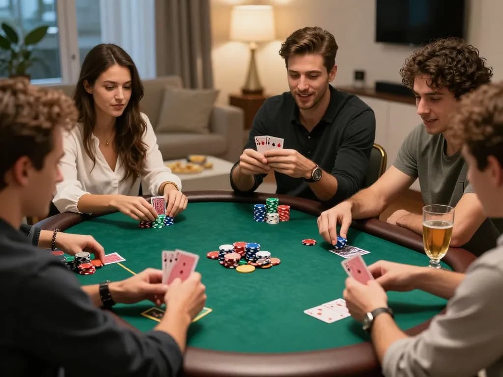 Pucuk138 players engaging in a thrilling poker game, showcasing competitive strategy and excitement in a social setting.