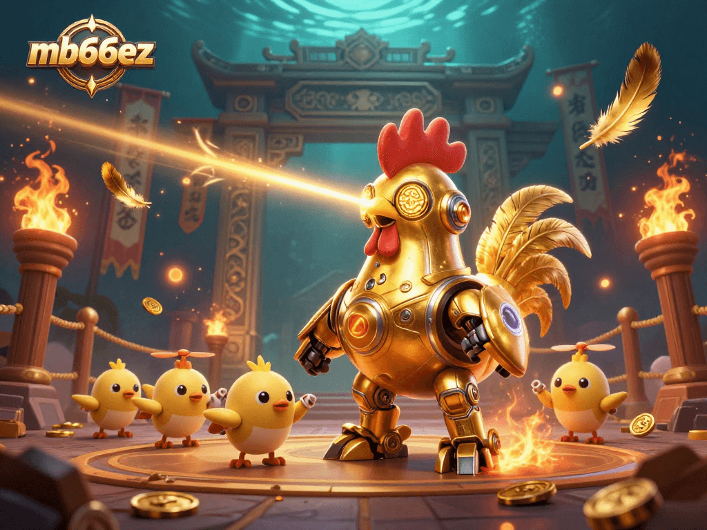 Experience casino excitement with the mb66ez golden rooster robot and baby chicks, in a vibrant gaming arena.