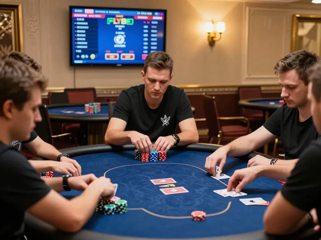 Players strategizing in an intense FLY88 poker game, showcasing dynamic gameplay and betting strategies.