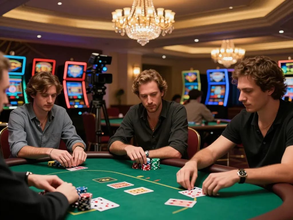 link vào mu88 players strategically betting at luxury poker table in vibrant casino scene