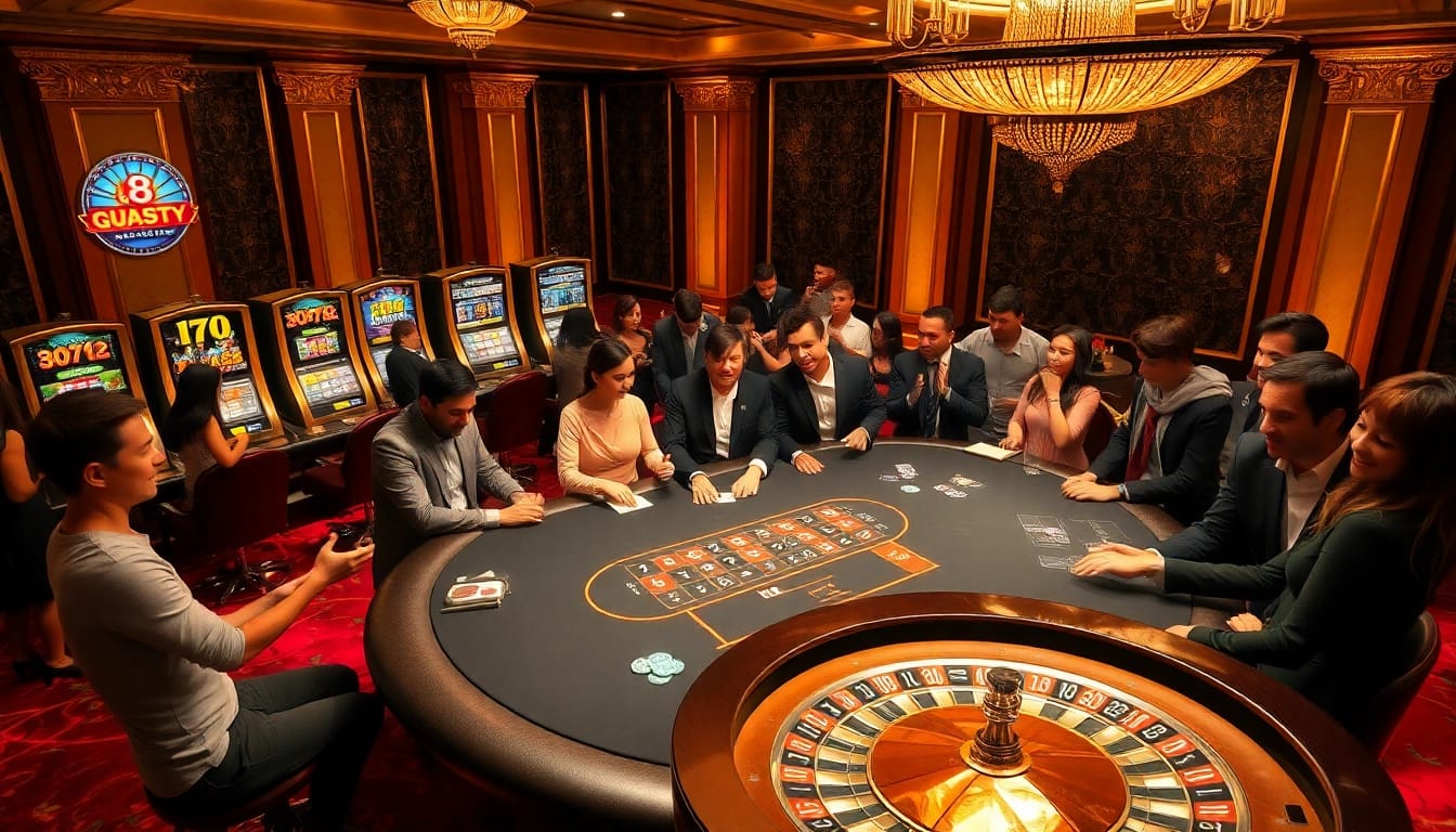 Gamblers enjoying a thrilling game at Go8 com's luxurious casino table.