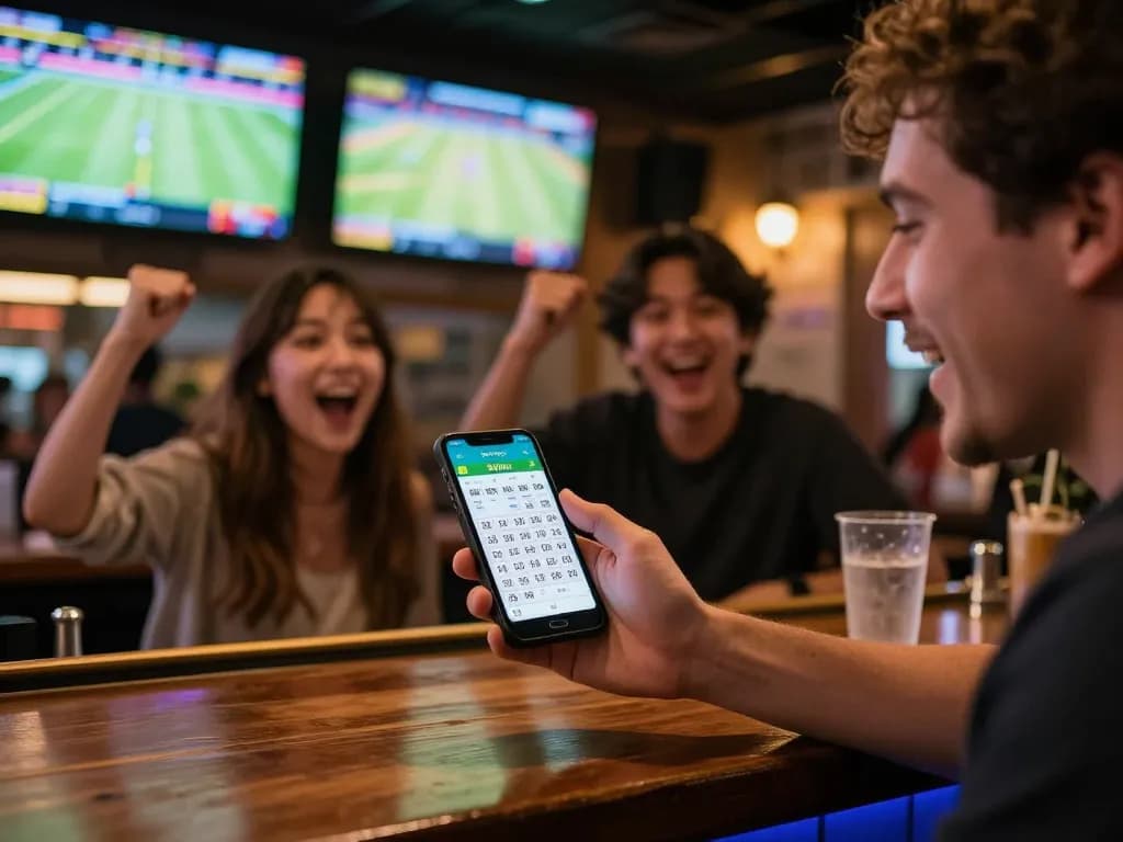 Sports fan using 78wingo app for betting during a live game, capturing excitement in a vibrant sports bar