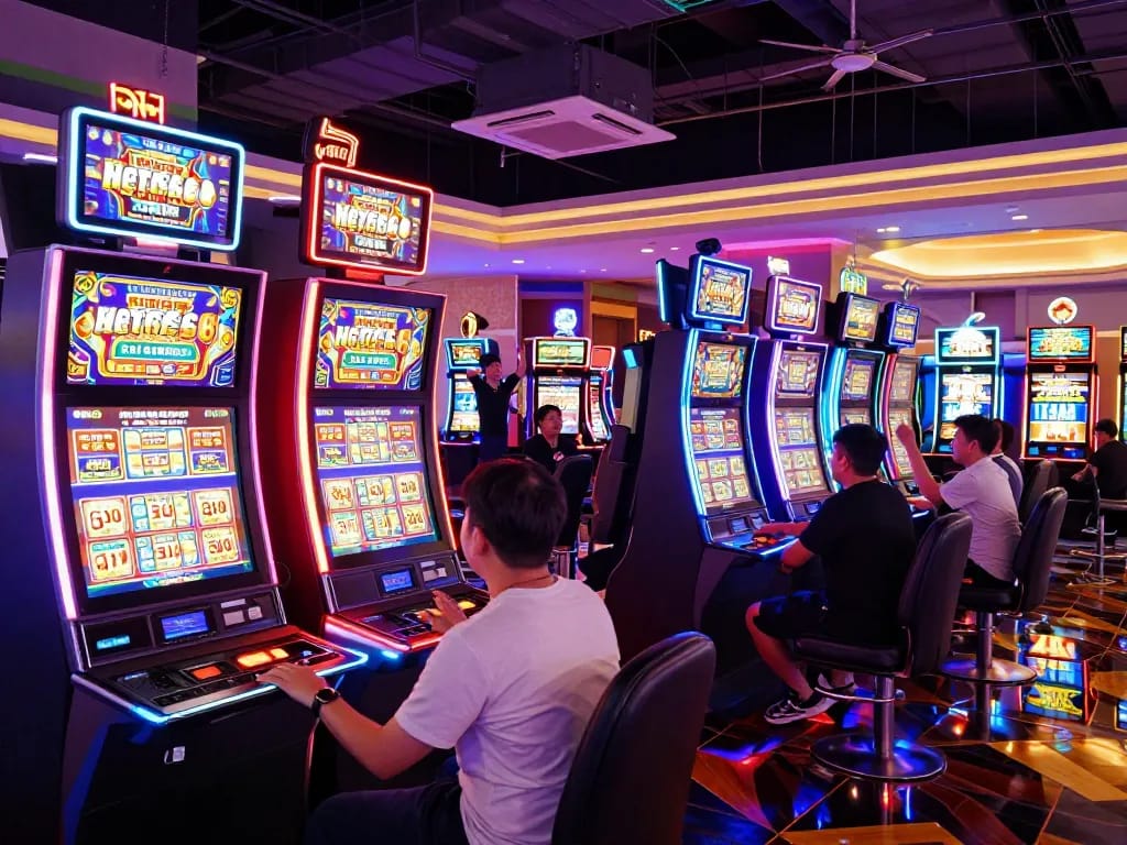 Players cheering a jackpot win at MM88 slot machine area with bright neon lights