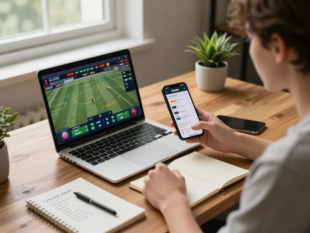 Engaging with Sunwin app on smartphone while analyzing sports bets on a sleek desk setup.
