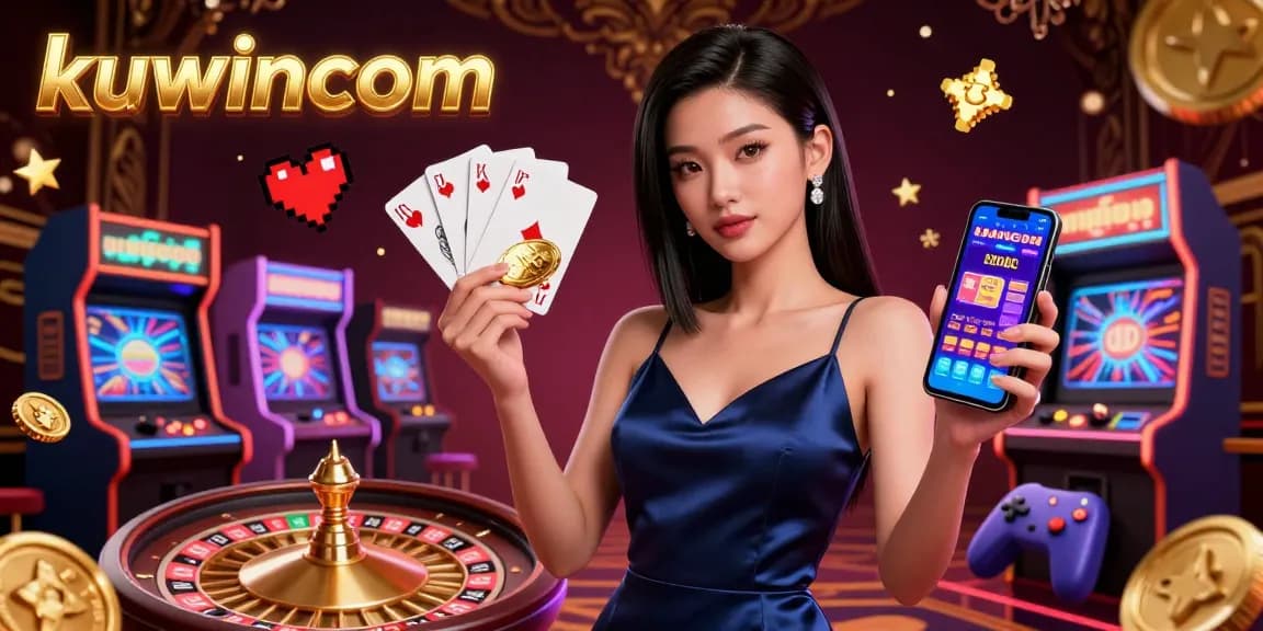 Engage in thrilling gameplay with kuwincom's vibrant casino illustration featuring a stunning woman holding a golden chip.
