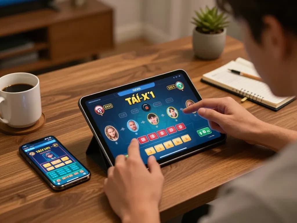 Tài xỉu online gameplay on a tablet, showcasing strategic bets in an inviting home setting.