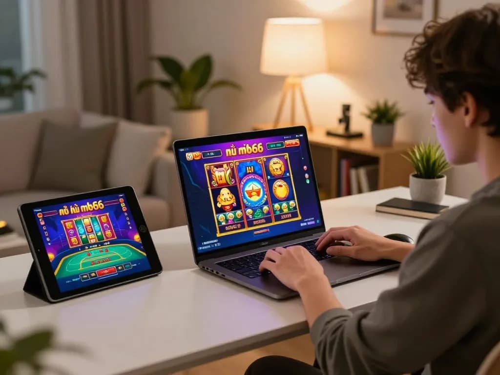 Engaging with nổ hũ mb66 slot game on a laptop in a cozy home setup.