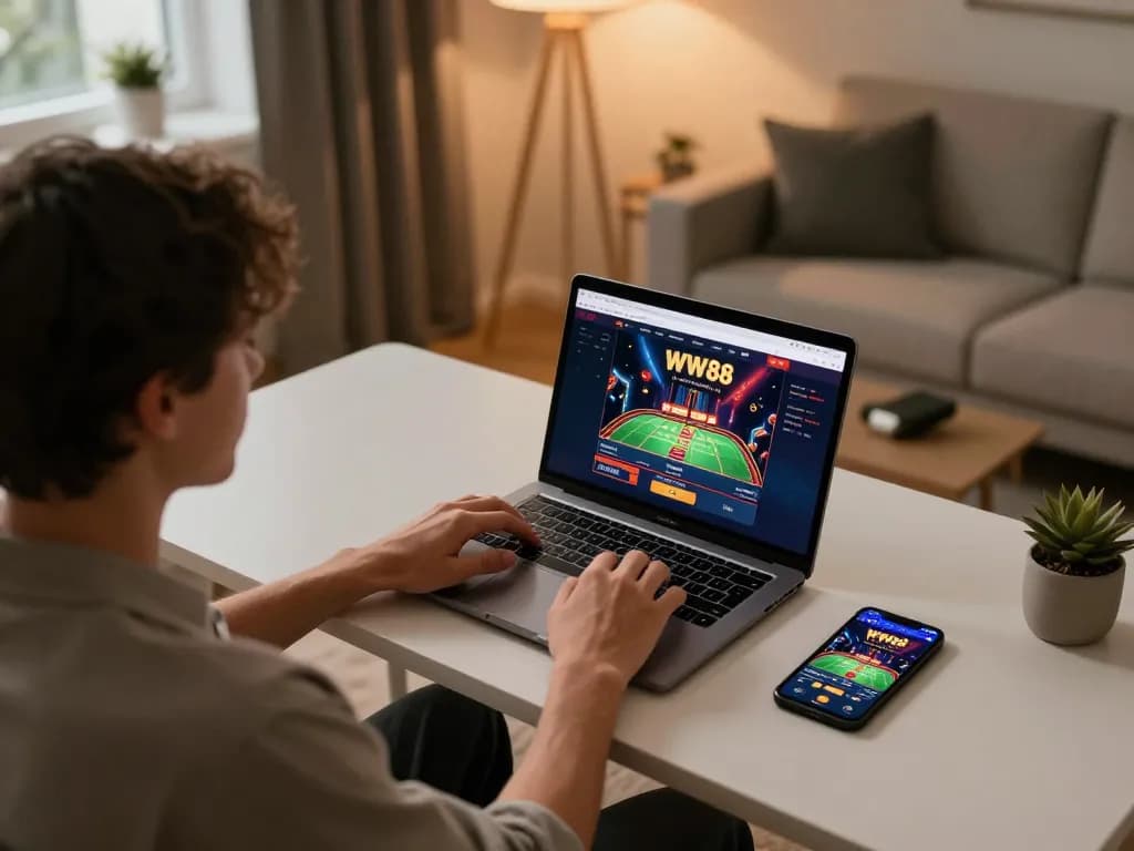 Engaging in online gaming at WW88 with a modern laptop setup showcasing live dealer play and strategy notes.