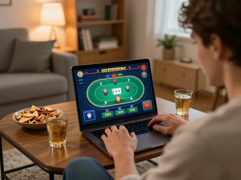 Engaging with 888b poker game on a laptop in a cozy home setting, ensuring responsible gaming.