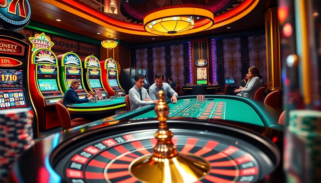 Experience the excitement of gambling at NOHU90's luxurious casino with vibrant slot machines and gaming tables.