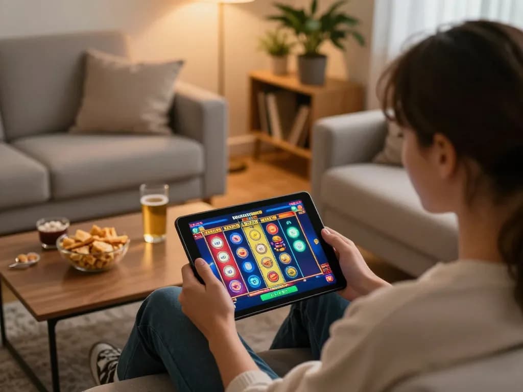Experience an engaging moment of Online Casino gameplay on a tablet, showcasing exciting slot graphics and cozy surroundings.