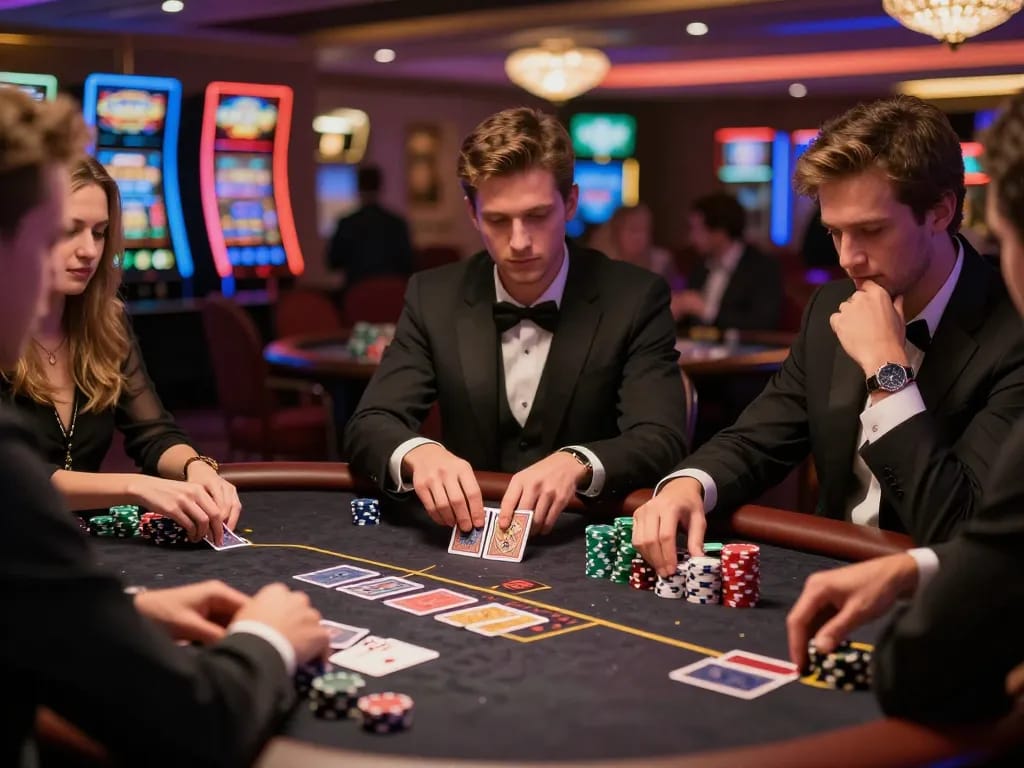 lu88 players strategizing at a casino poker table, creating a thrilling gaming atmosphere
