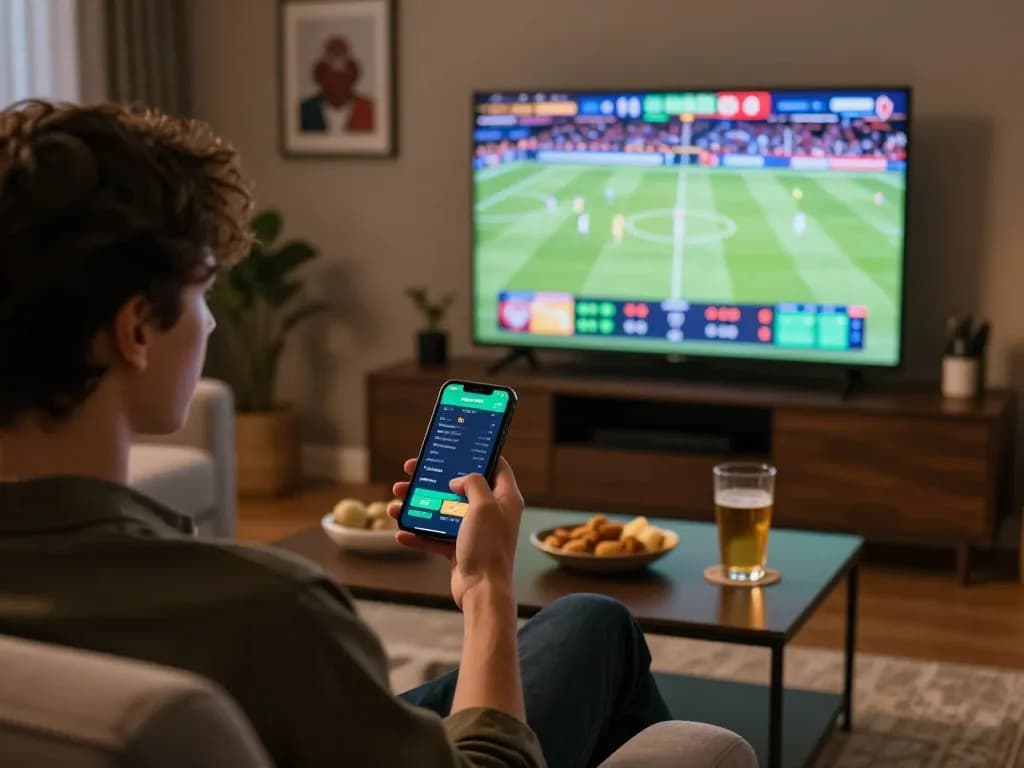 Engaging in fooballl betting on smartphone while watching a live game in a cozy home setup.