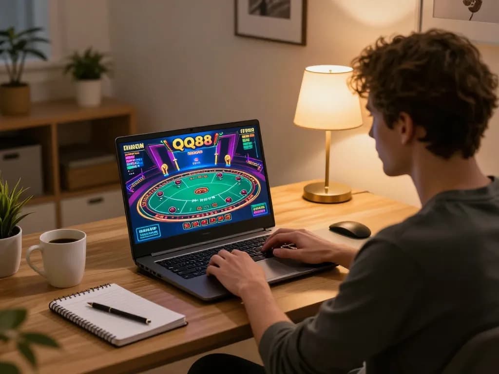 Player engaged in an online QQ88 casino game, showcasing excitement and strategic focus in home setup