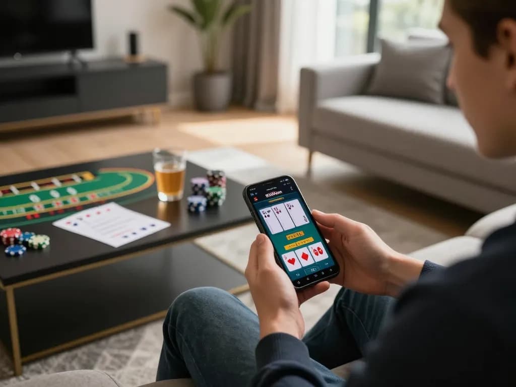 View of a person engaged with the SC88.com app, playing live dealer blackjack at home, showcasing responsible gaming.