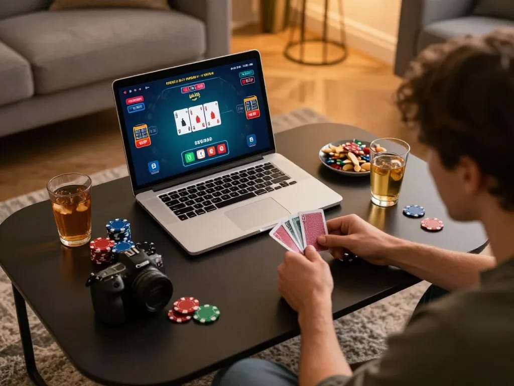Player strategizing during an XX88 online poker game with chips and snacks around