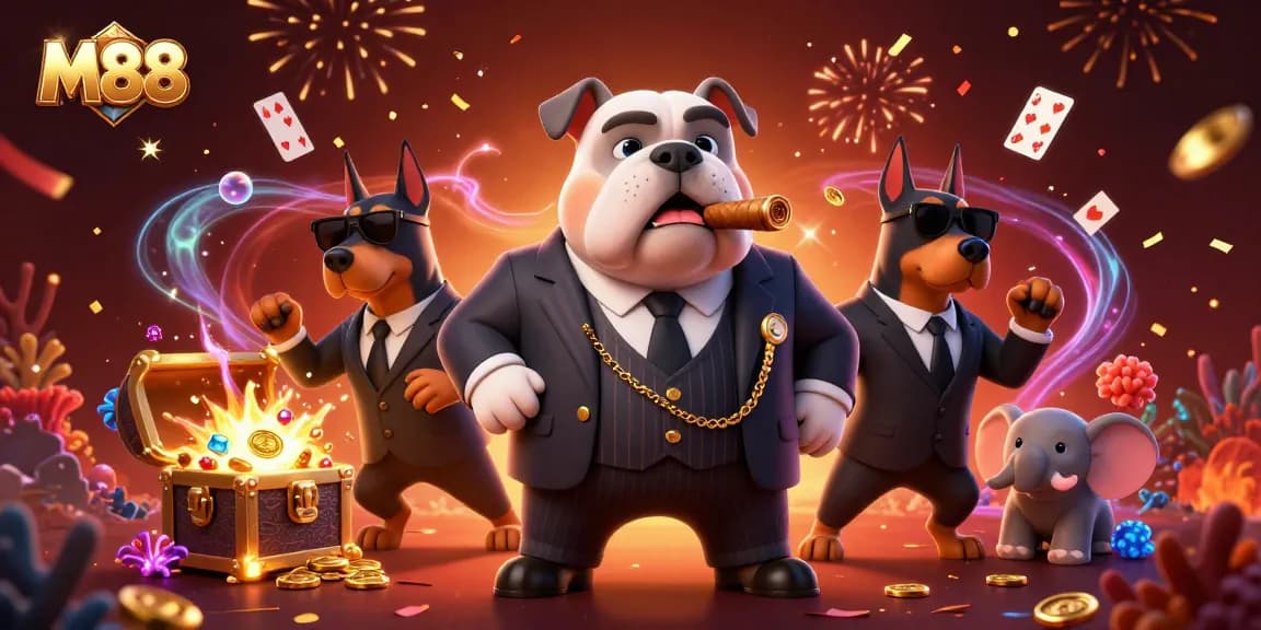 M88's energetic casino scene showcases a mafia boss bulldog with gold coins, cards, and vivid fireworks.
