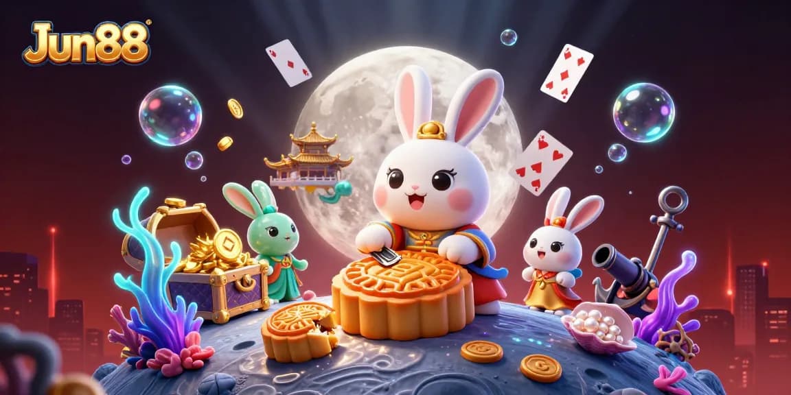 Experience the thrill of Jun88 with a vibrant 3D scene filled with moon rabbits, poker chips, and dynamic casino elements.