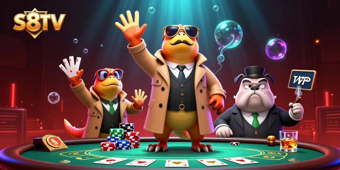 S8TV showcases three raptors in disguise attempting to enter a casino lounge, surrounded by a rich poker setup.