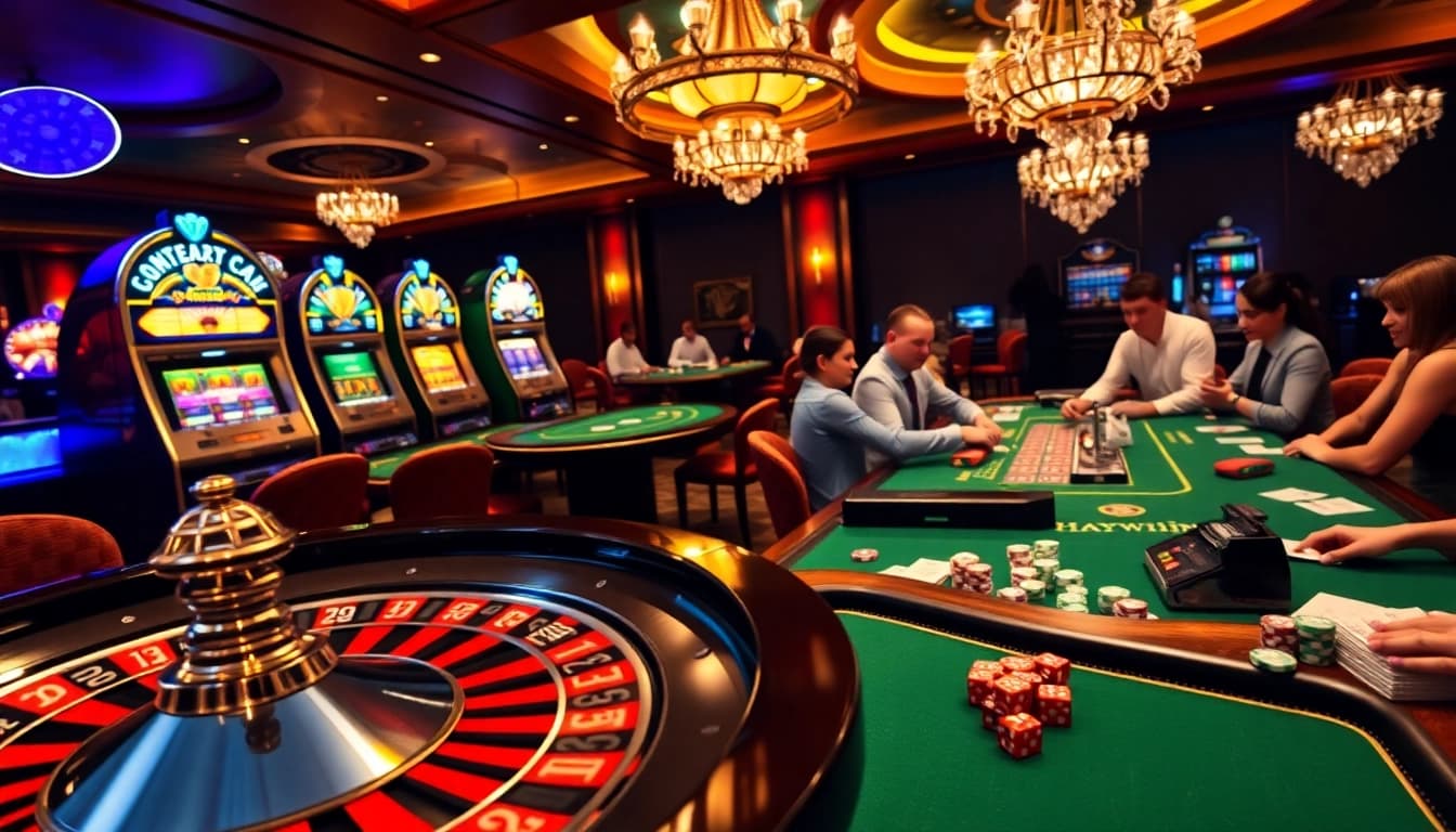 Thrilling gaming action at Haywin casino with vibrant slot machines and poker tables.