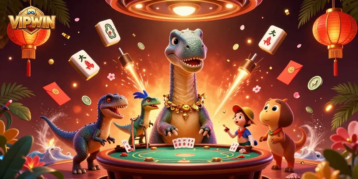 Experience the excitement of VIPWIN with a vibrant casino scene featuring unique characters and game elements.