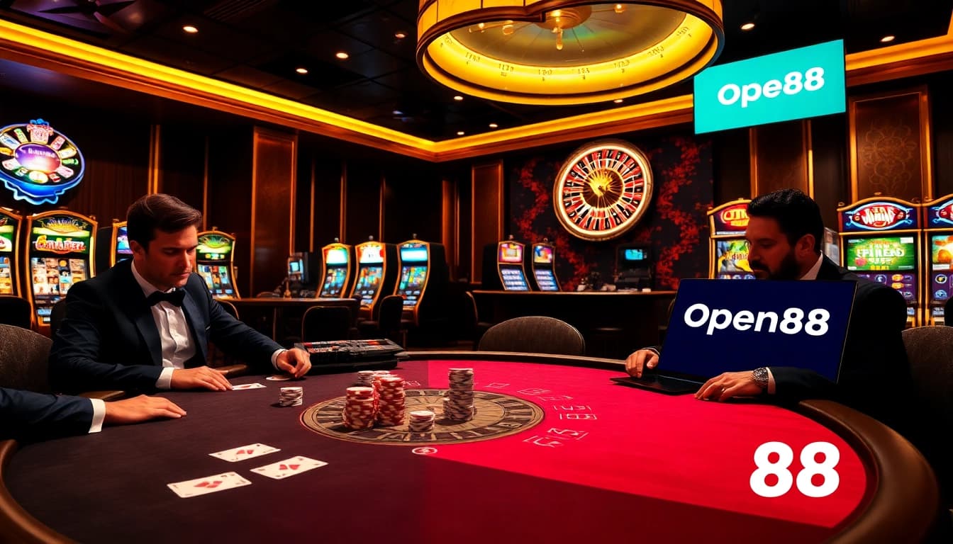 Experience luxury and excitement at https://open88.bid/ with poker players and vibrant casino elements.
