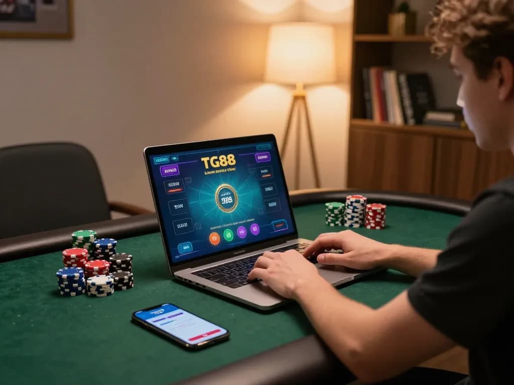 TG88 player engaging with live dealer games on a laptop in a cozy home setup.